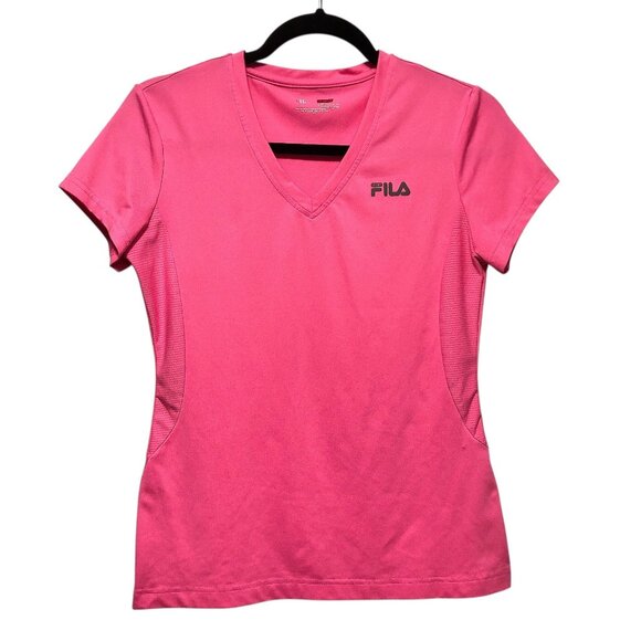 Fila Solid Neon Pink V-Neck Short Sleeve Activewear T-Shirt Small - Picture 1 of 6
